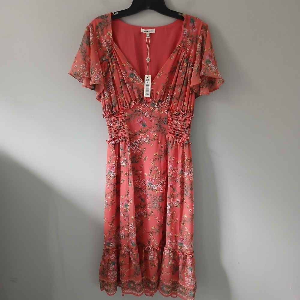 Max Studio Women's Size Medium Flutter Sleeve V-neck Floral Mid Dress NWT 128!!!